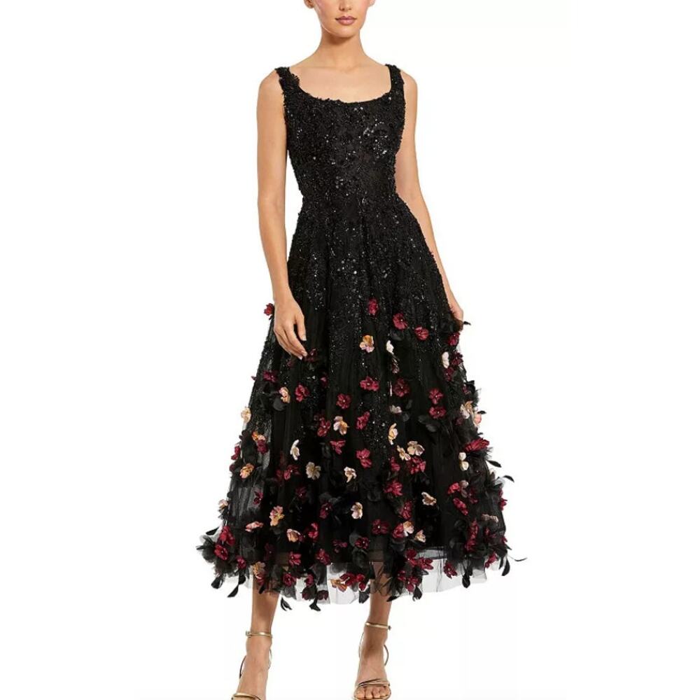 NEW Mag Duggal Sequin Floral Appliqué 3D FlowersBlack Midi Dress Size 10